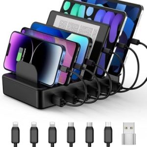 CREATIVE DESIGN 50W 6 Ports Multi Charger Station with 6 Charging Cables, USB Charging Dock for Multiple Devices, Compatible with Cellphone iPad Kindle Tablet and Other Electronic Devices
